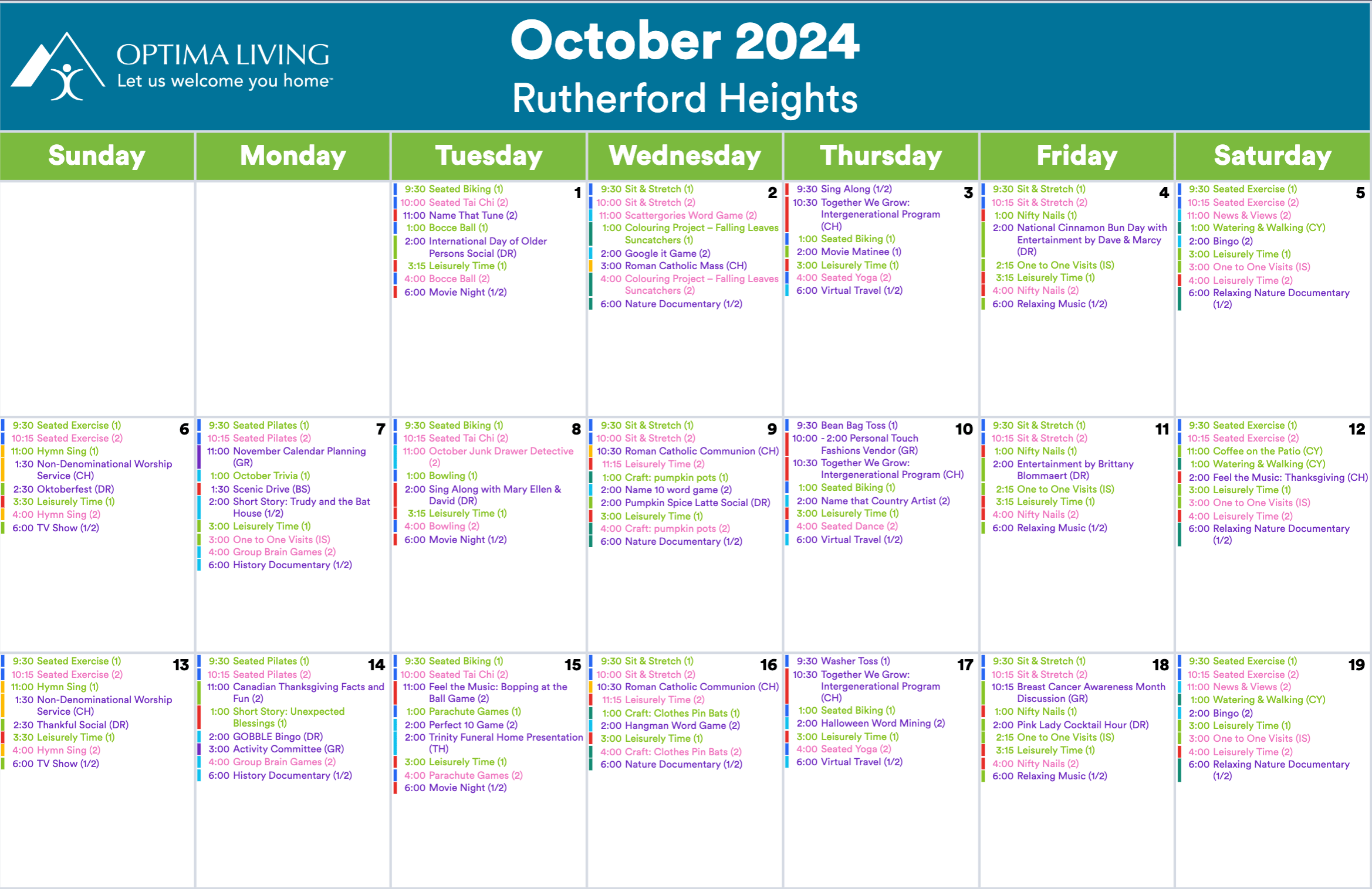 Rutherford Heights October 1 - 19 2024 SL event calendar