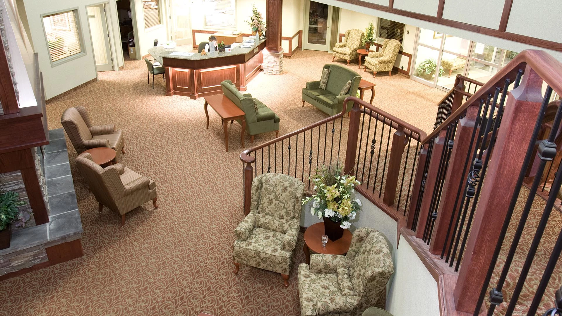 Arm chairs and front desk in the Rutherford Heights retirement home lobby